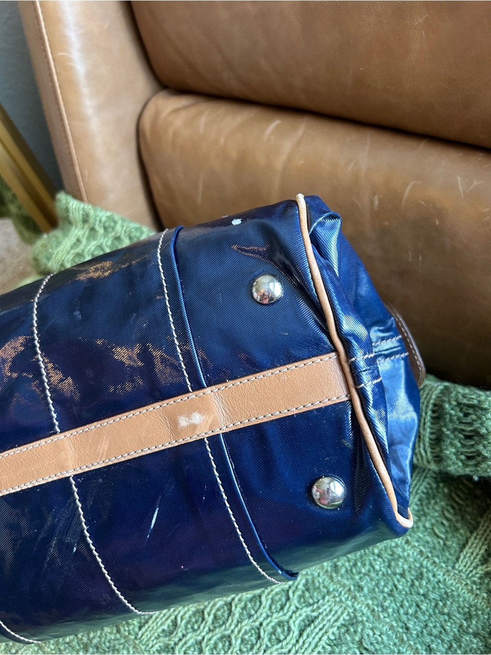 TOD’S Navy Patent Coated Canvas Satchel with Brown Leather Trim - Picture 7 of 16